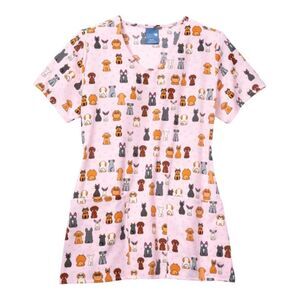 Zoe and Chloe Womens Floofster V-Neck Scrub Top Dogs Pink Small NWT